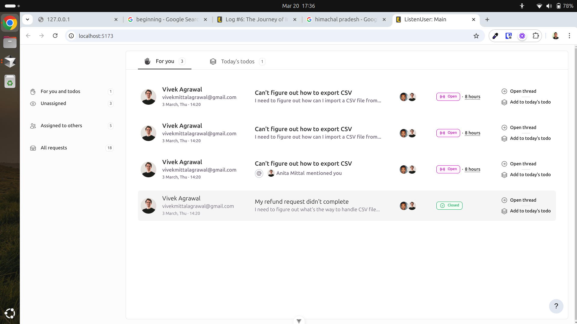 ListenUser's screen for seeing support requests.
