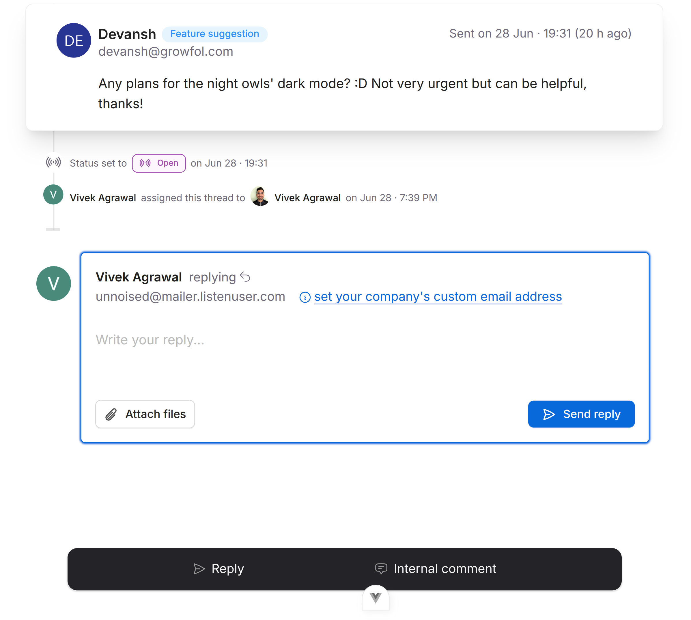 A screenshot of the thread view of the ListenUser product