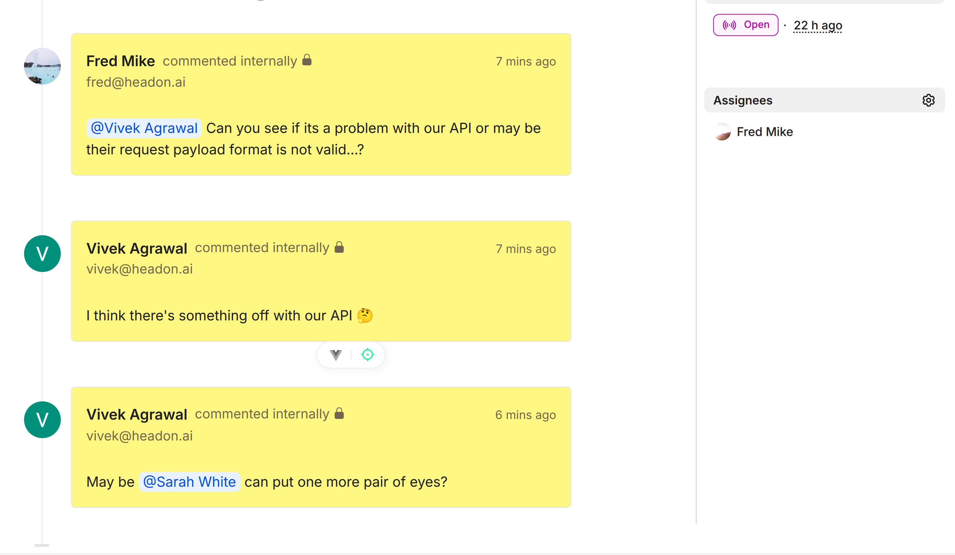 A screenshot of team memebers communicating via internal comments in the ListenUser's thread view